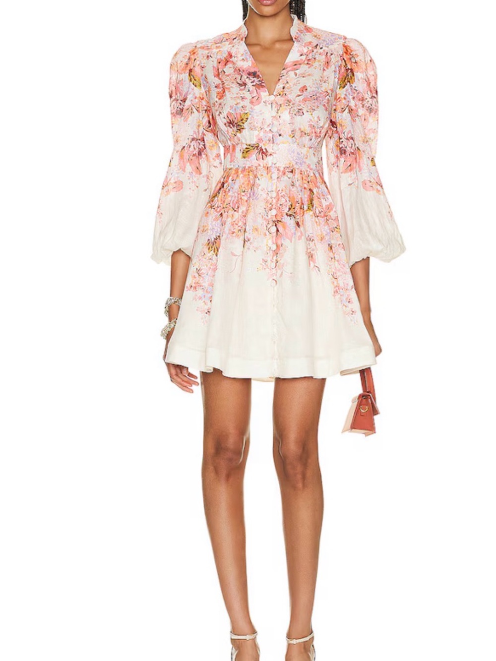 Zimmermann Devi Plunge Pink and Cream Floral Puff-Sleeve Mini Dress size 2